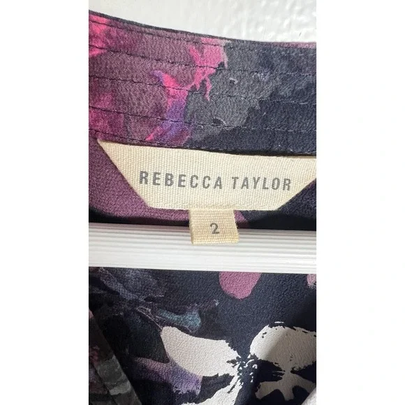 Rebecca Taylor Size‎ 2 Black Floral 100% Silk Tunic Blouse 3/4 Sleeves High Low - Picture 6 of 9
